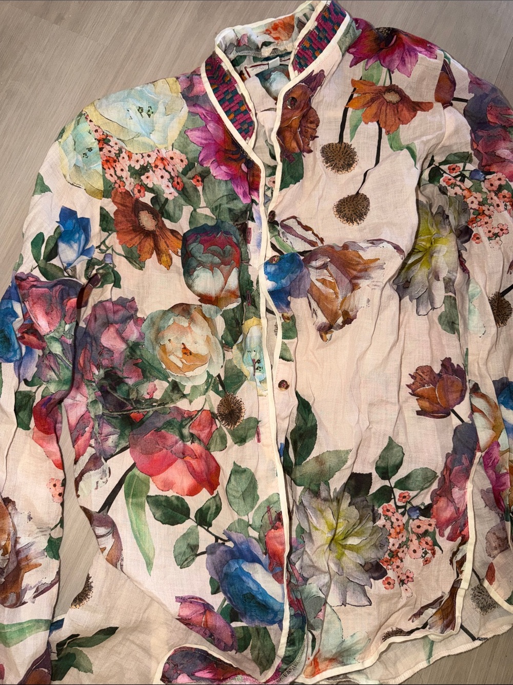 Johnny Was Multicolor Painterly Floral Button-Front Blouse